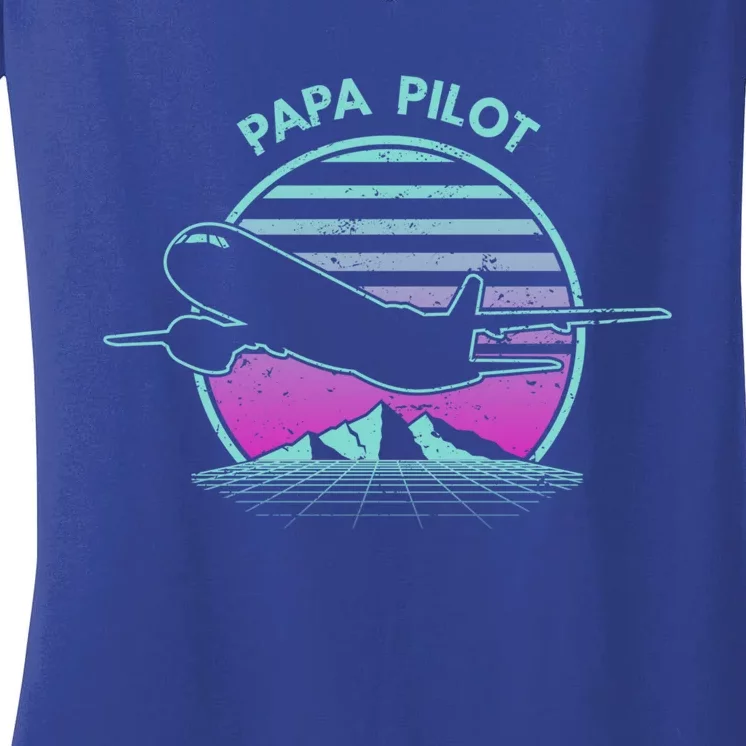 Papa Pilot Fathers Day Retro Pilot Aviation Gift Women's V-Neck T-Shirt