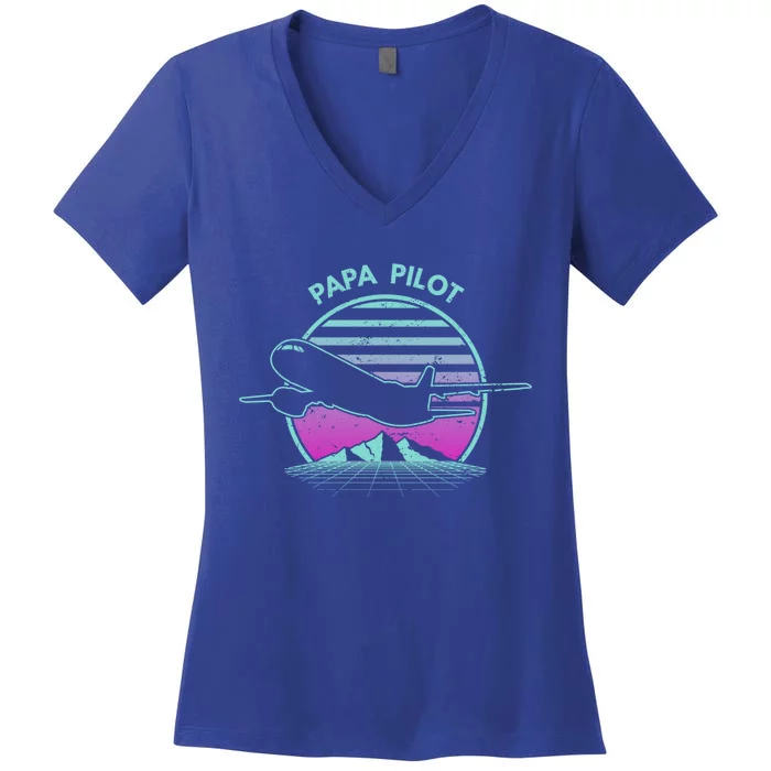 Papa Pilot Fathers Day Retro Pilot Aviation Gift Women's V-Neck T-Shirt