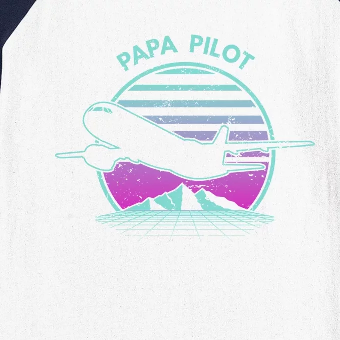 Papa Pilot Fathers Day Retro Pilot Aviation Gift Baseball Sleeve Shirt