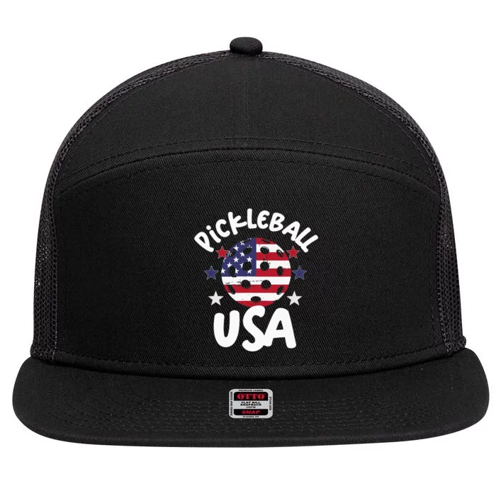 Patriotic Pickleball Graphic Red, White, Blue, Beginner-Pro 7 Panel Mesh Trucker Snapback Hat