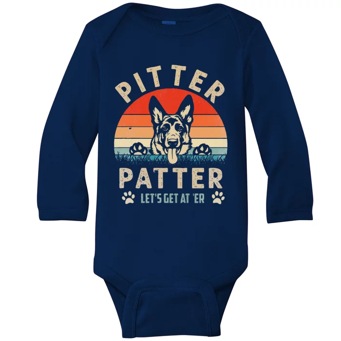 Pitter Patter German Shepherd Dog Funny Vintage Retro Baby Long Sleeve Bodysuit