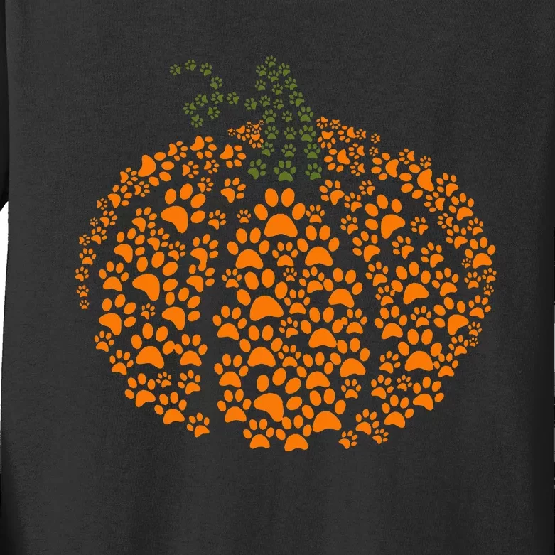 Paw Print Halloween Pumpkin Ghost Paw Dog Cat Lover Kids Long Sleeve Shirt