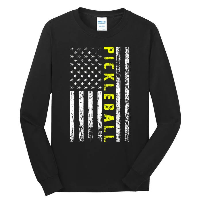 Pickleball Distressed USA Flag Tall Long Sleeve T-Shirt