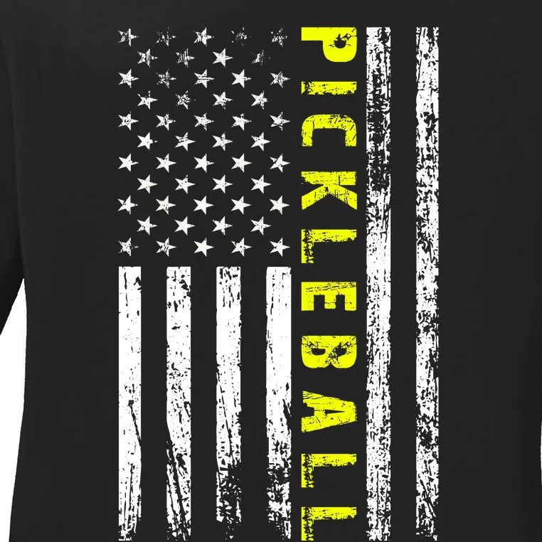 Pickleball Distressed USA Flag Ladies Long Sleeve Shirt