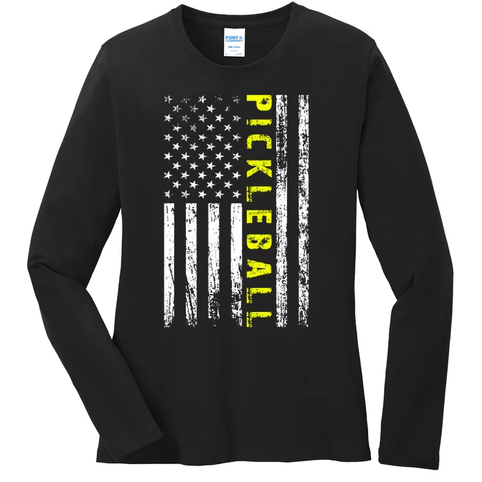 Pickleball Distressed USA Flag Ladies Long Sleeve Shirt