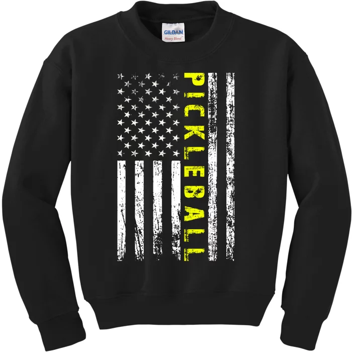 Pickleball Distressed USA Flag Kids Sweatshirt