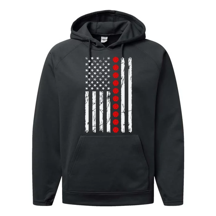 Pickleball Distressed Patriotic USA Flag Performance Fleece Hoodie