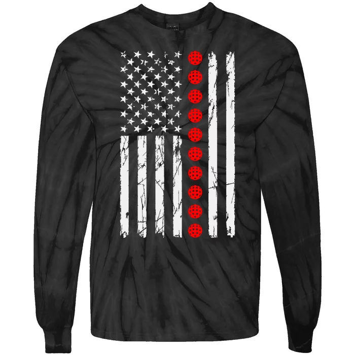 Pickleball Distressed Patriotic USA Flag Tie-Dye Long Sleeve Shirt