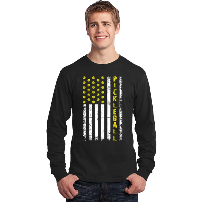 Pickleball Distressed USA Flag Long Sleeve Shirt