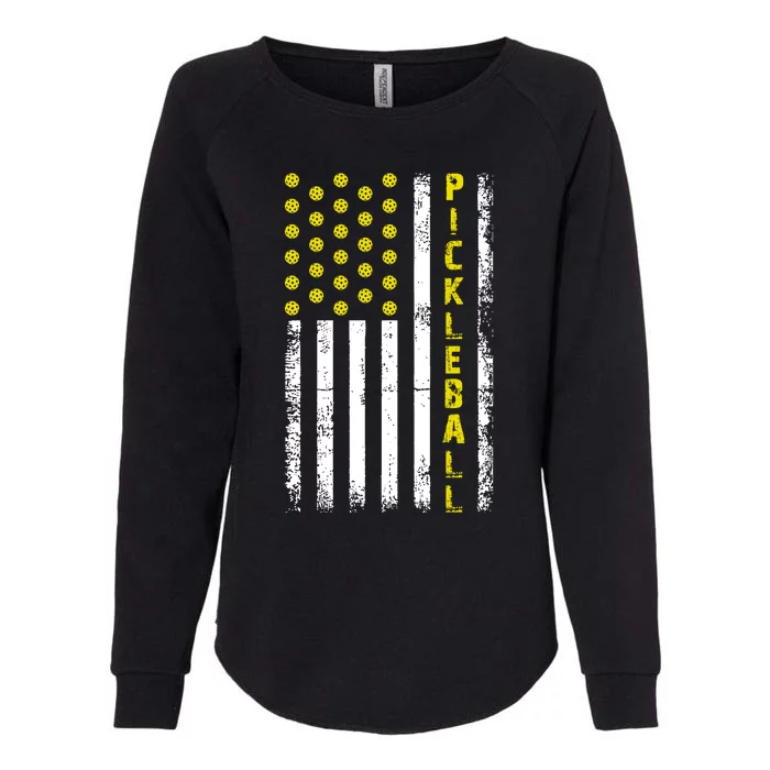 Pickleball Distressed USA Flag Womens California Wash Sweatshirt