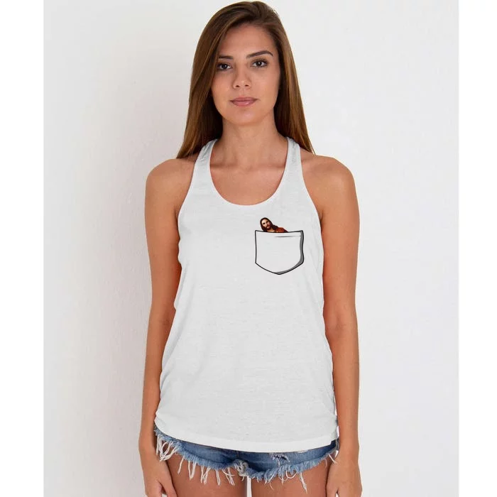 Pocket Peeking Jesus Women's Knotted Racerback Tank