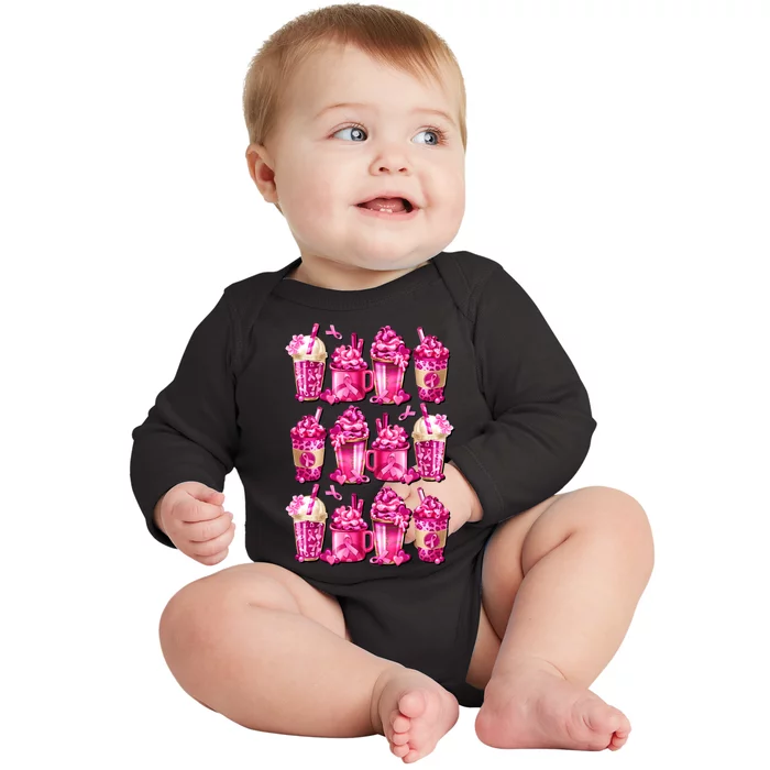 Pink Pattern Latte Love Graphic For Breast Cancer Awareness Baby Long Sleeve Bodysuit