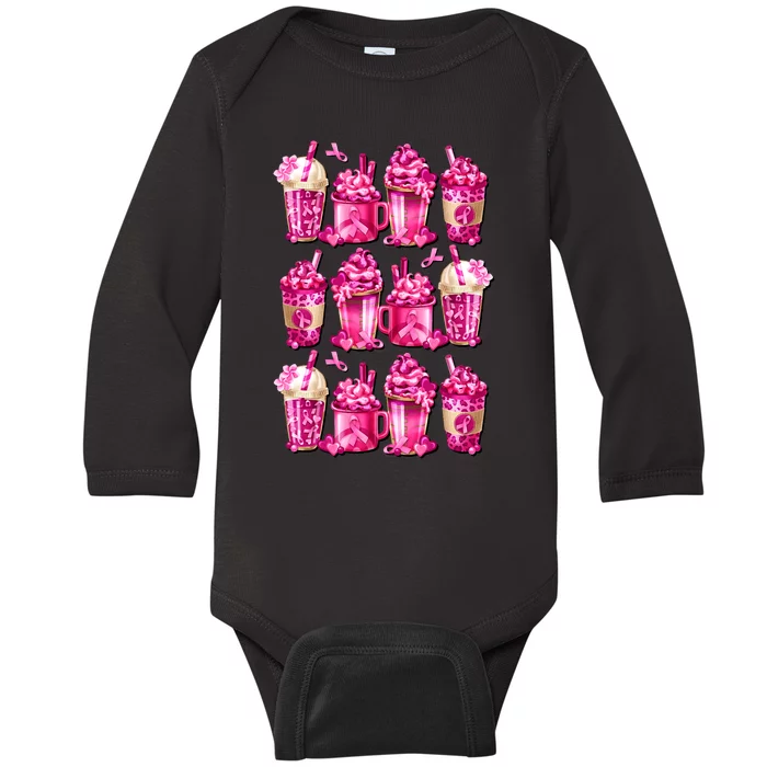 Pink Pattern Latte Love Graphic For Breast Cancer Awareness Baby Long Sleeve Bodysuit