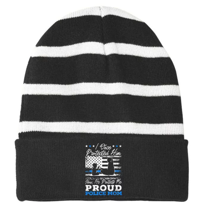 Proud Police Mom Law Enforcement Thin Blue Line Cop Striped Beanie with Solid Band