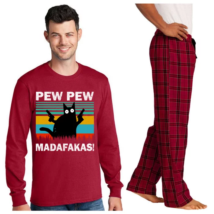 Pew Pew Madafakas Cat Crazy Vintage Funny Cat Owners Long Sleeve Pajama Set