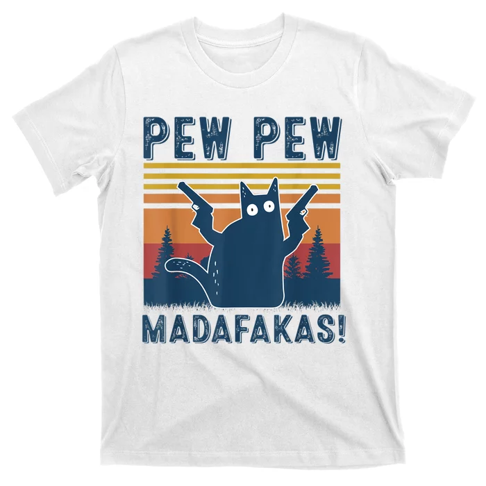 Pew Pew MadafakaS Vintage Crazy Cat Funny Graphic T-Shirt