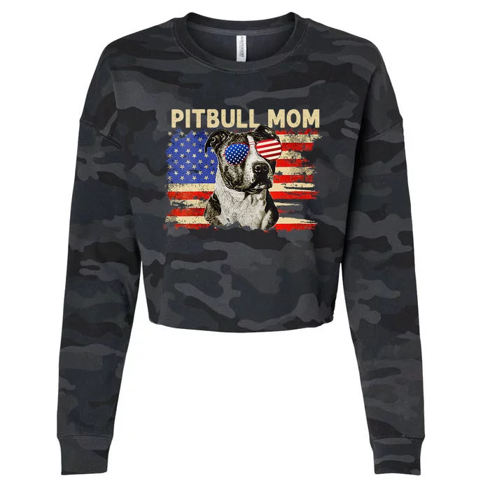 Patriotic Pitbull Mom Gifts 4th Of July American Flag USA Cropped Pullover Crew