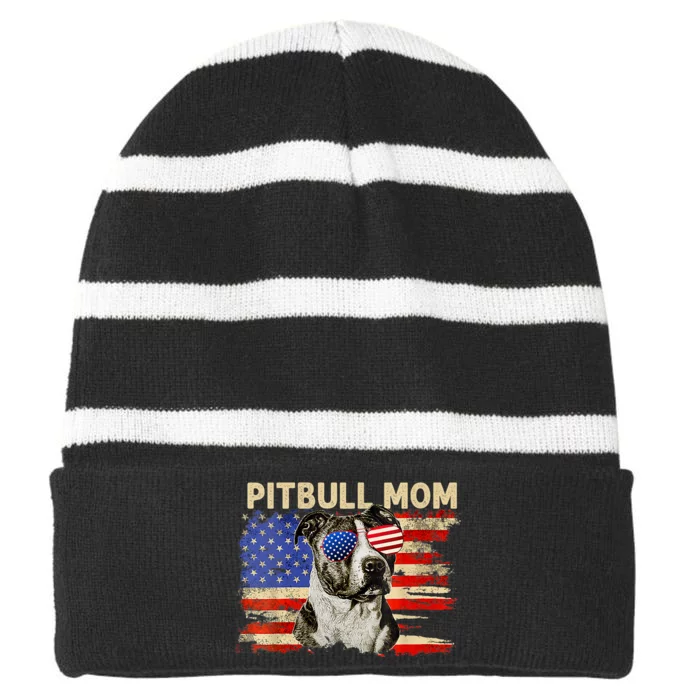 Patriotic Pitbull Mom Gifts 4th Of July American Flag USA Striped Beanie with Solid Band