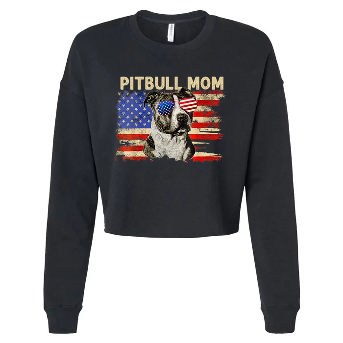 Patriotic Pitbull Mom Gifts 4th Of July American Flag USA Cropped Pullover Crew