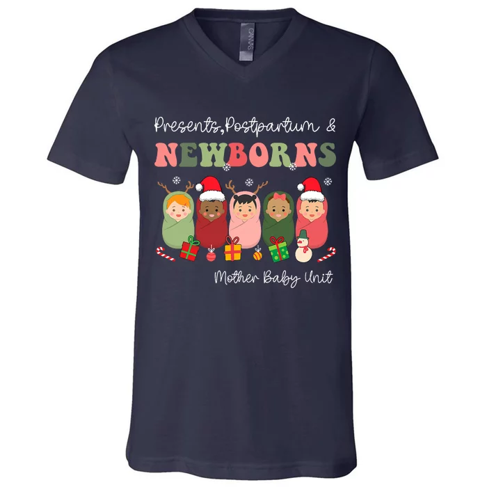 Presents Postpartum & Newborns Mother Baby Nurse Christmas V-Neck T-Shirt