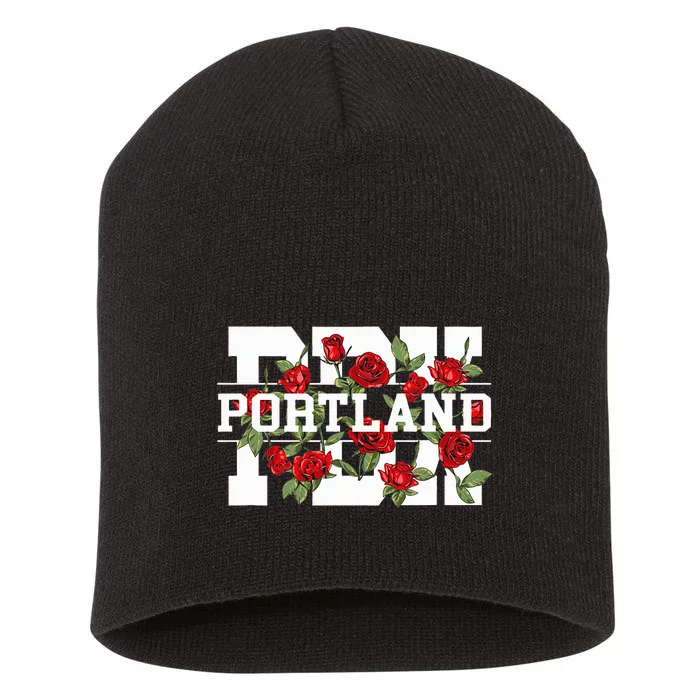 Pdx Portland Oregon Typography With Red Roses Short Acrylic Beanie