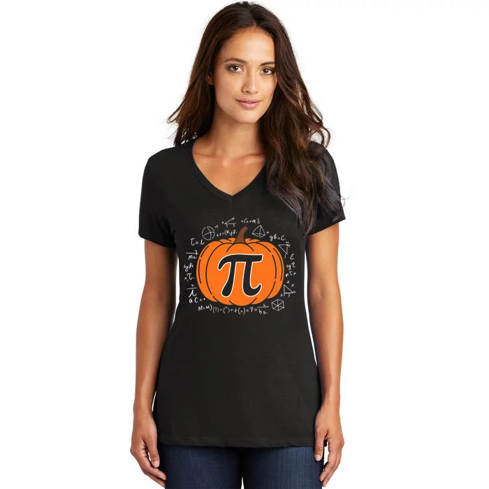 Pumpkin Pi Pie Math Teacher Funny Halloween Thanksgiving Women's V-Neck T-Shirt