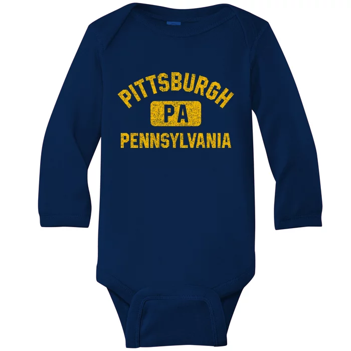 Pittsburgh Pa Pennsylvania Gym Style Distressed Amber Print Great Gift Baby Long Sleeve Bodysuit