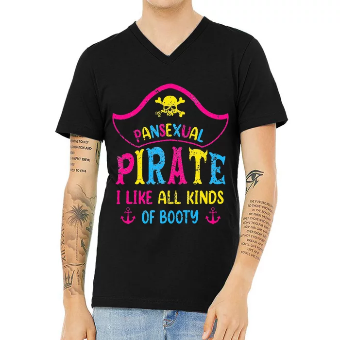 Pansexual Pride Pirate LGBTQ Month Pans Flag Colors Funny V-Neck T-Shirt