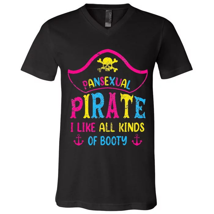 Pansexual Pride Pirate LGBTQ Month Pans Flag Colors Funny V-Neck T-Shirt