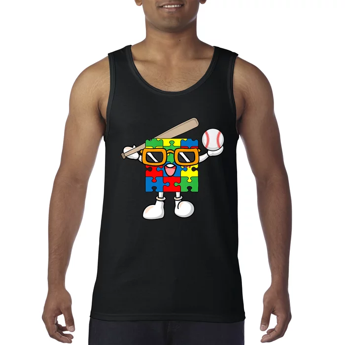 Puzzle Piece Playing Baseball Autism Awareness Tank Top