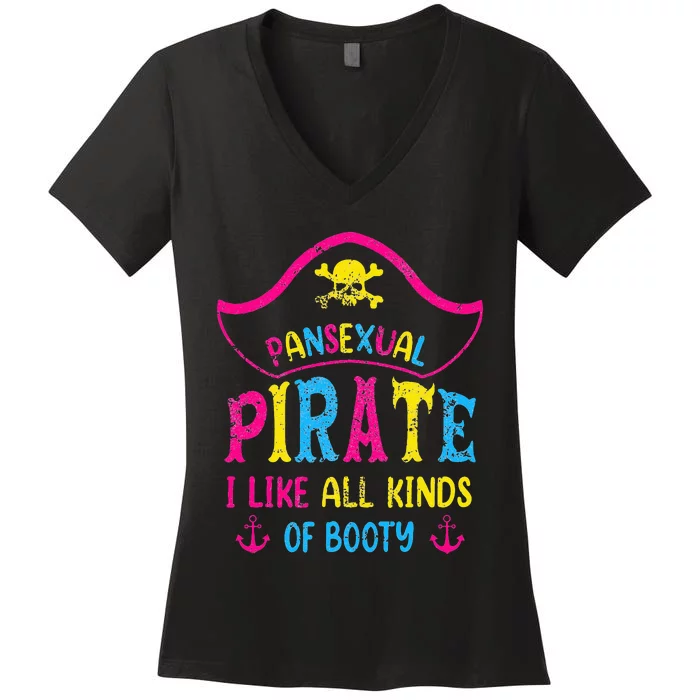 Pansexual Pride Pirate LGBTQ Month Pans Flag Colors Funny Women's V-Neck T-Shirt