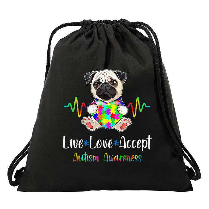 Pug Puzzle Piece Live Love Accept Autism Awareness Drawstring Bag