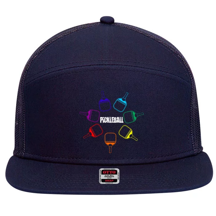 Pickleball Paddle Rainbow Funny Gift For Pickleball Fan Gift 7 Panel Mesh Trucker Snapback Hat