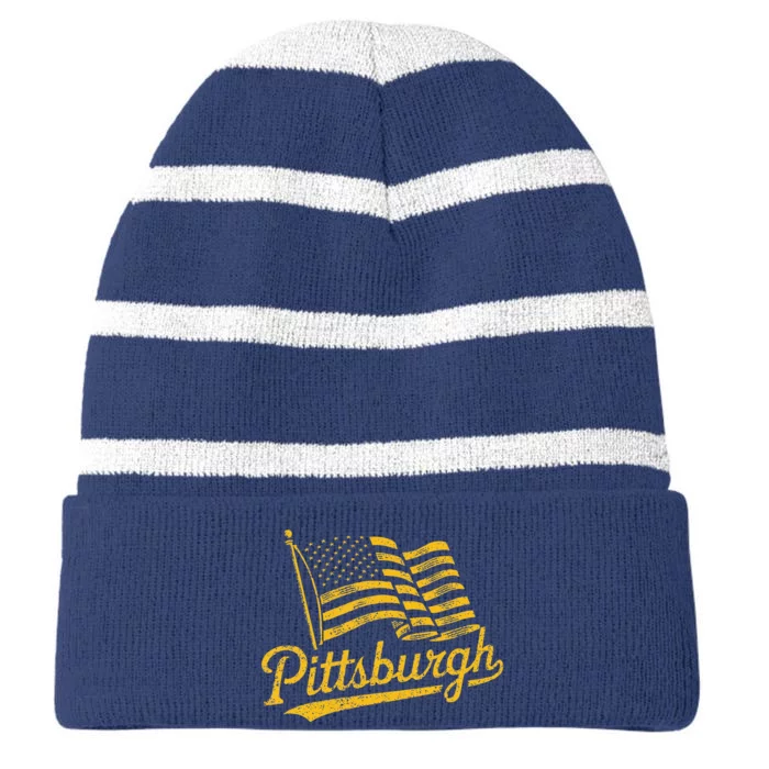 Pittsburgh Pennsylvania Retro Usa American Flag Pride Striped Beanie with Solid Band