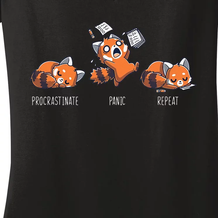 Procrastinate Panic Repeat Daily Distressed Red Pandas Women's V-Neck T-Shirt