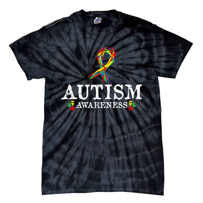 Puzzle Piece Ribbon Autism Awareness Gifts For Adults Tie-Dye T-Shirt