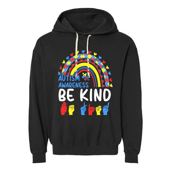 Puzzle Piece Rainbow Autism Awareness Be Kind Sign Language Meaningful Gift Garment-Dyed Fleece Hoodie