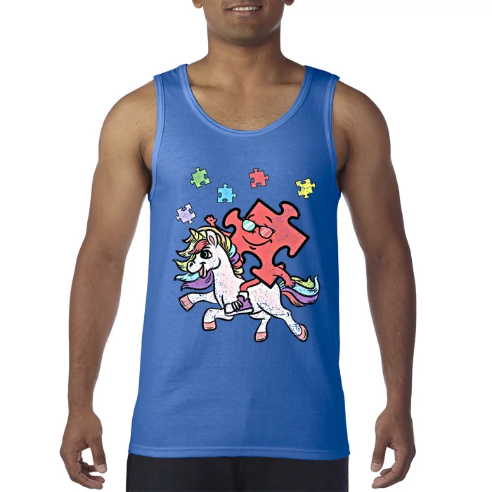 Puzzle Piece Riding Unicorn Autism Awareness Autistic Great Gift Tank Top