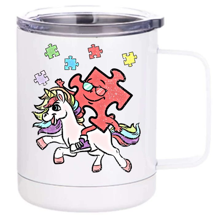 Puzzle Piece Riding Unicorn Autism Awareness Autistic Great Gift Front & Back 12oz Stainless Steel Tumbler Cup