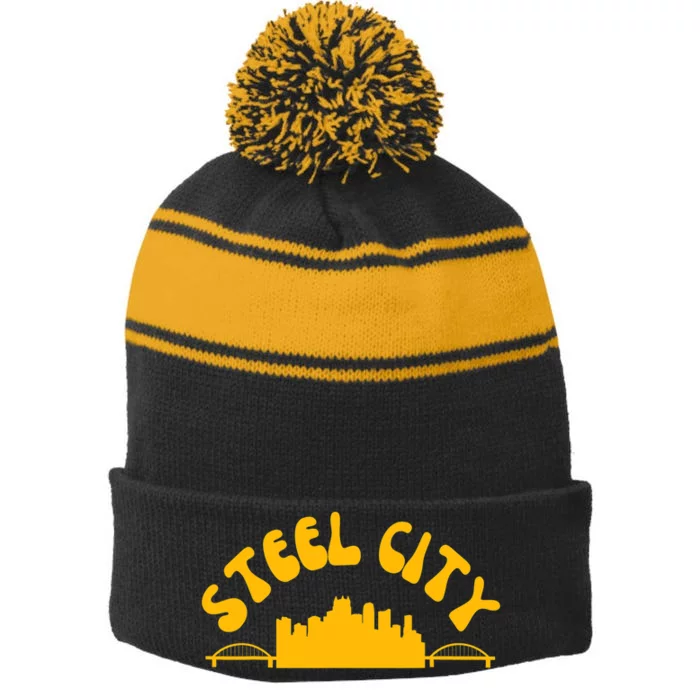 Pittsburgh Pennsylvania Sl City Skyline Bridges Retro Stripe Pom Pom Beanie