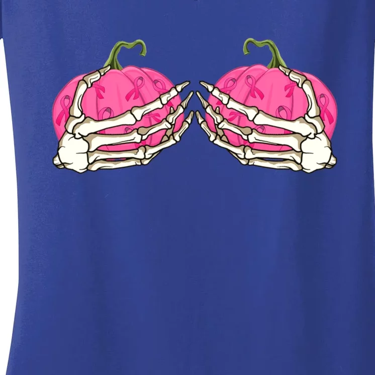 Pink Pumpkin Skeleton Hands Bra Breast Cancer Awareness Gift Women's V-Neck T-Shirt