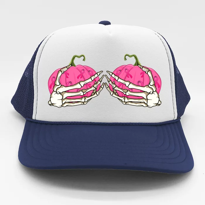 Pink Pumpkin Skeleton Hands Bra Breast Cancer Awareness Gift Trucker Hat