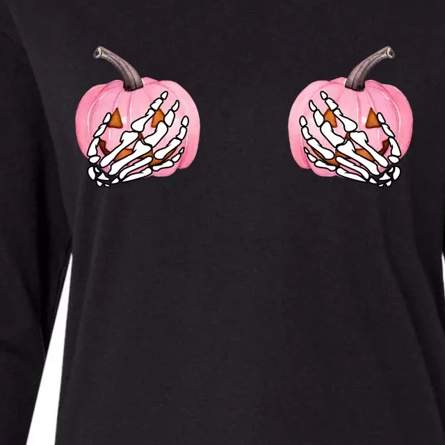 Pink Pumpkin Skeleton Breast Cancer Womens Cotton Relaxed Long Sleeve T-Shirt