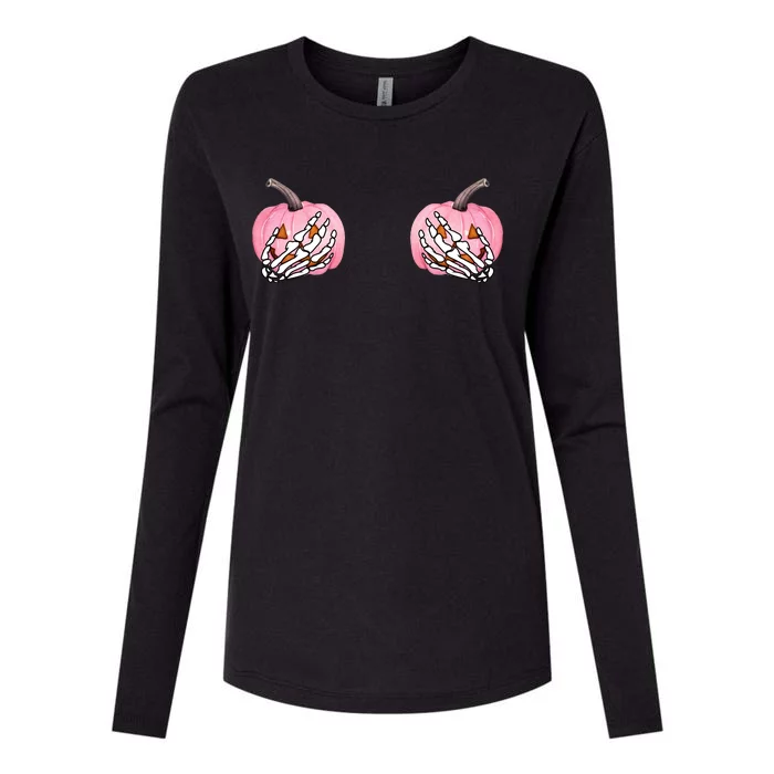 Pink Pumpkin Skeleton Breast Cancer Womens Cotton Relaxed Long Sleeve T-Shirt