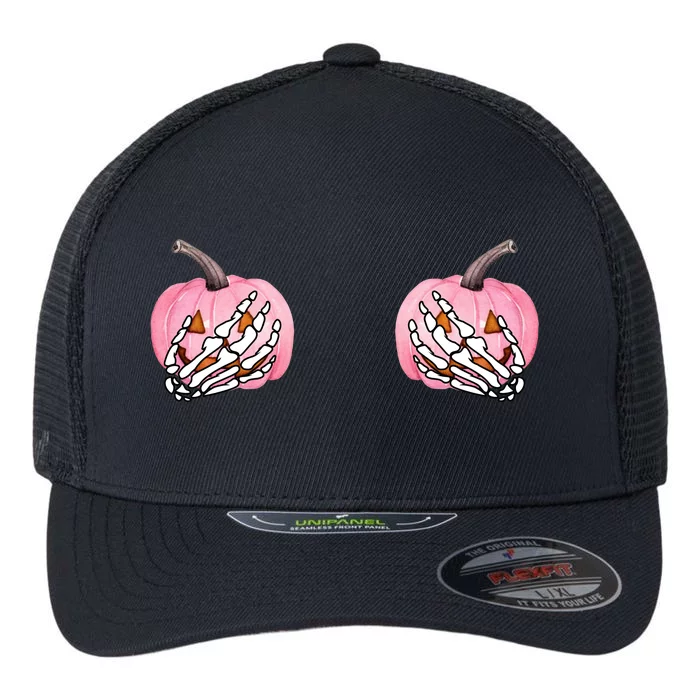 Pink Pumpkin Skeleton Breast Cancer Flexfit Unipanel Trucker Cap