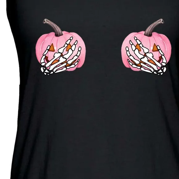 Pink Pumpkin Skeleton Breast Cancer Ladies Essential Flowy Tank