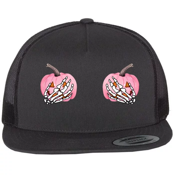 Pink Pumpkin Skeleton Breast Cancer Flat Bill Trucker Hat