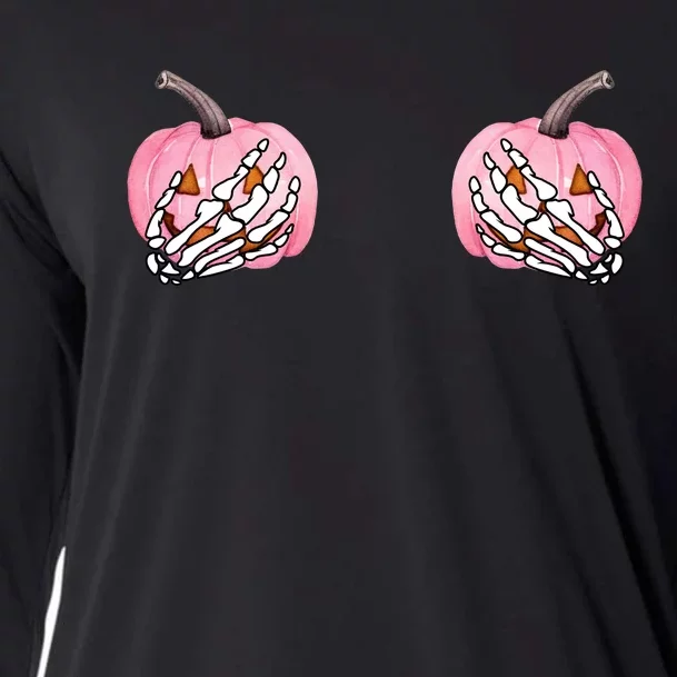 Pink Pumpkin Skeleton Breast Cancer Cooling Performance Long Sleeve Crew