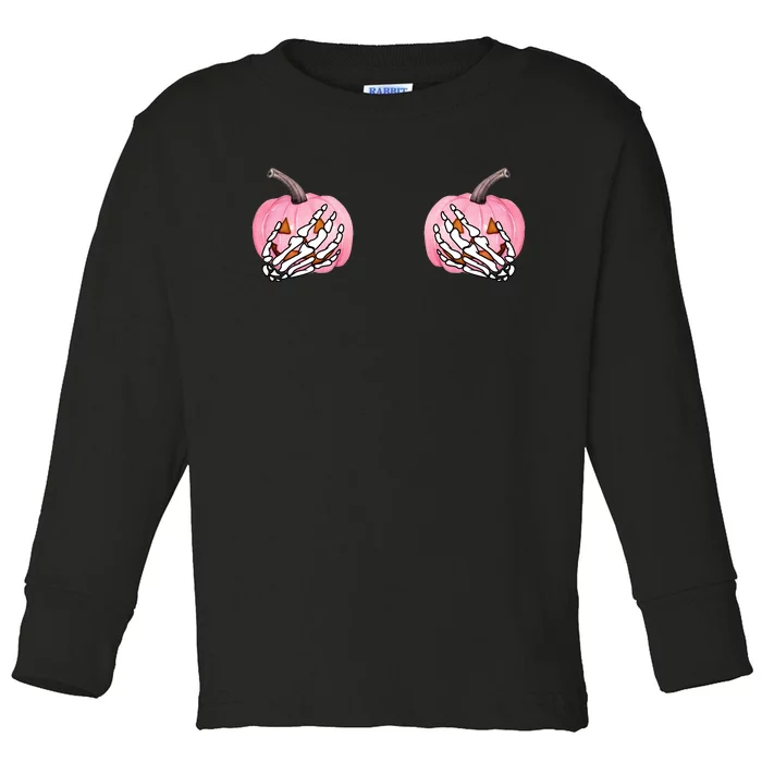 Pink Pumpkin Skeleton Breast Cancer Toddler Long Sleeve Shirt