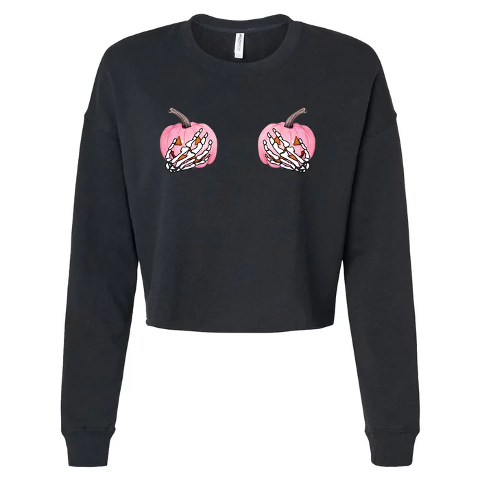 Pink Pumpkin Skeleton Breast Cancer Cropped Pullover Crew